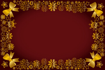 Elegant gold snowflake frame with bows on red background for festive holiday design.