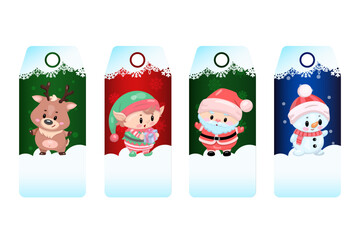 Festive holiday gift tags with reindeer, elf, santa, and snowman characters.