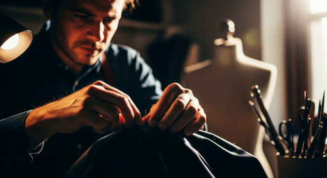 Young caucasian male tailor carefully sewing fabric in a dimly lit workshop, focusing intently on his craft with tools and a mannequin nearby. - Powered by Adobe