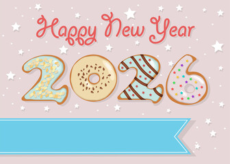 Fototapeta premium Donuts New Year 2026 Greeting. The numbers are as sweet donuts adorned with creamy swirls and nutty decorations. Background with confetti. A banner with place for text, a red cream text Happy New Year