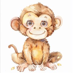 Watercolor illustration of cute baby monkey sitting cheerfully with a gentle smile against white background for design project