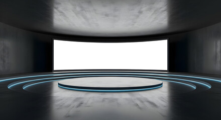 Modern futuristic stage with large screen and circular platform