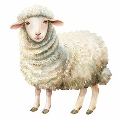 Charming watercolor illustration of fluffy white sheep standing isolated against clean white background captures pastoral innocence and gentle nature.