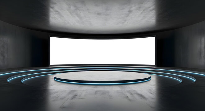 Modern futuristic stage with large screen and circular platform