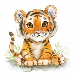 Adorable watercolor illustration of a cute baby tiger cub with big expressive eyes sitting among gentle green foliage on white background