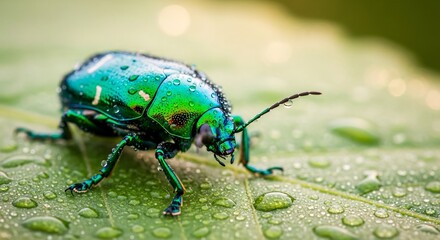 Naklejka premium A metallic green beetle covered in water droplets on a green leaf