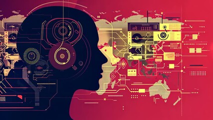 Exploring artificial intelligence human connection across global data networks featuring a head outline with technological interfaces and digital world map - Powered by Adobe