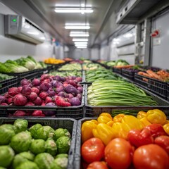 Freshly harvested organic vegetable produce stored in refrigerated commercial cooler ready for distribution or sale