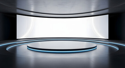 Futuristic stage with a large curved screen and illuminated platform