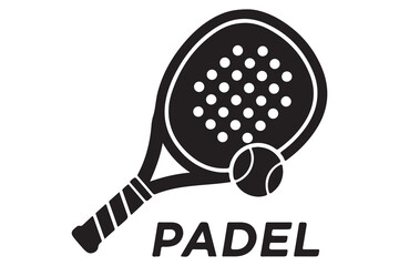 Black silhouette of a padel racket and ball with the word padel isolated on white background