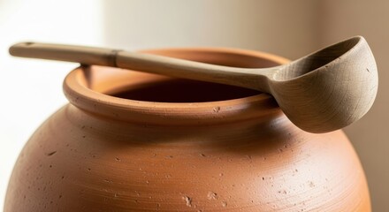 Thai culinary heritage traditional clay pot and ladle studio still life
