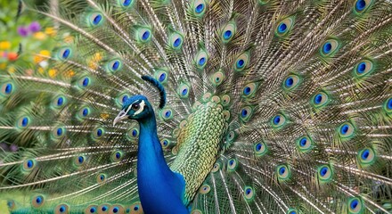 Fototapeta premium A peacock displays its vibrant blue and green fanned tail feathers
