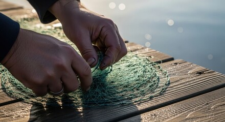 Thai fisherman repairing fishing net at pier coastal serenity close-up