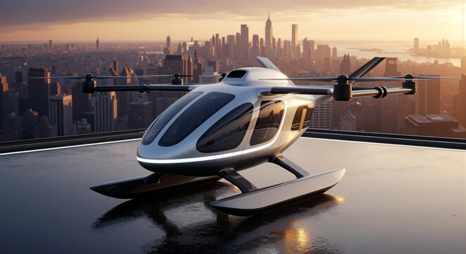 Evtol air taxi landing on city rooftop with new york city skyline