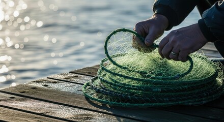 Thai fisherman preparing nets for catching fish on a scenic pier