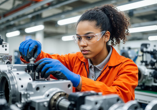 Female engineer working on machine in manufacturing facility