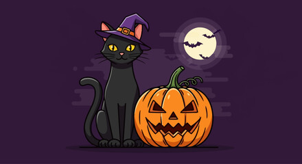A cute black cat wearing a witch hat sits next to a Jack-o'-lantern on Halloween night with a full moon and bats in the sky
