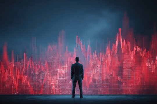 Investor Analyzing Holographic Stock Charts with Risk Zones in Modern Office