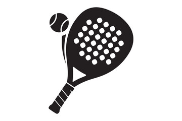 Black silhouette of a padel tennis racket and ball isolated on white background