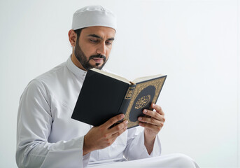 Muslim man reading quran, studying islam religion
