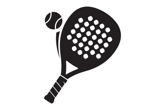 Black silhouette of a padel tennis racket and ball isolated on white background