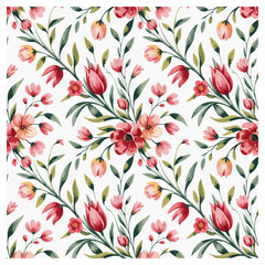 This vibrant seamless floral pattern features hand-painted tulip and peony-style blossoms in rich shades of red, coral, blush, and peach, complemented by lush green foliage on a white background. 