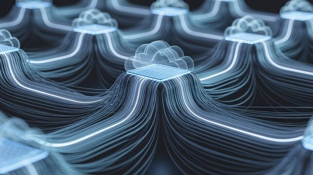 Abstract cloud computing network with glowing data streams background