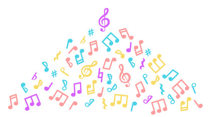 Abstract music pattern of music notes. blue, red. Yellow and white music background.