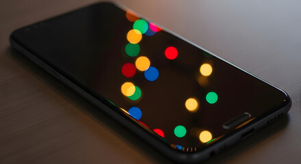 Smartphone with Christmas lights reflection on the screen, holiday.