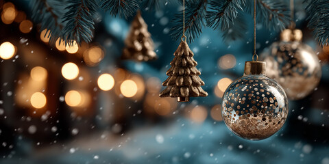 Dark blue Christmas holiday background with hanging old metallic gold ornaments. The snowy background features a bokeh effect with warm golden lights. Space for text.