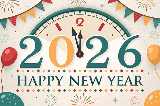 Happy new year 2026 celebration with clock balloons and festive decorations countdown