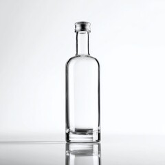 Clear empty glass spirit bottle with metallic screw cap centered against bright white background