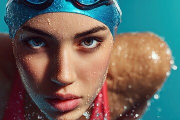 Young Female Swimmer Ready on Starting Block with Water Droplets in Air