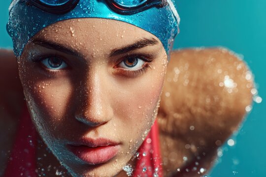 Young Female Swimmer Ready on Starting Block with Water Droplets in Air