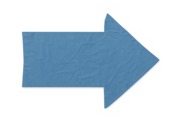 Blue crumpled paper pointing arrow sign isolated on transparent background indicating direction message