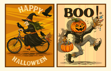 Halloween posters featuring a witch on a bike and pumpkin head man with candy. Perfect spooky art for retro wall decor or seasonal stickers.