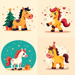 Set of funny animals, cute cartoon horse and pony set, festive christmas and birthday vector illustrations