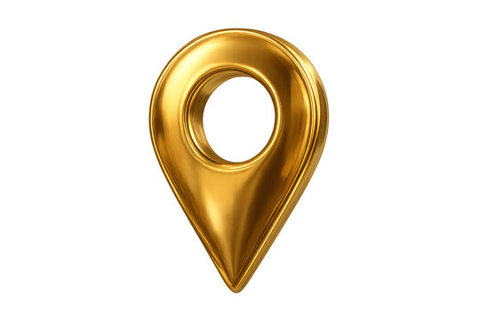 Golden 3d map pin icon marking location or destination, showing navigation point on transparent background