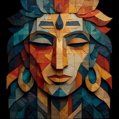 Strikingly colorful abstract wooden carving depicting a serene deity face against deep black background in mosaic style
