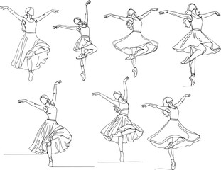 Continuous line drawing set of ballet dancers in various dynamic poses