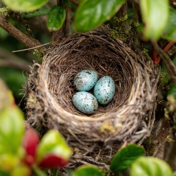 Three speckled robin blue egg nestled securely inside natural twig birdhouse among vibrant green foliage