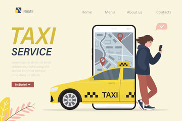 Taxi service, landing page template. Woman customer use mobile phone for ordering taxi, online app. Smartphone user interface with transport service. Yellow cab, passenger vehicle