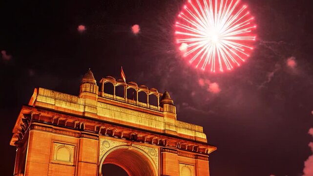A clock tower with fireworks in the sky, a celebration atmosphere