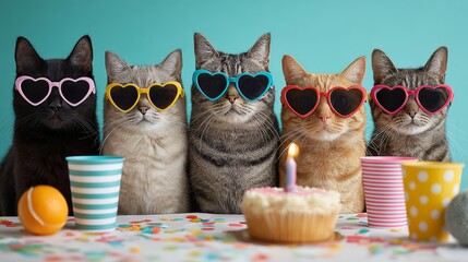 Group of five adorable cats wearing colorful heart-shaped sunglasses, gathered around a festive birthday cake with a candle, surrounded by vibrant party decorations and playful elements