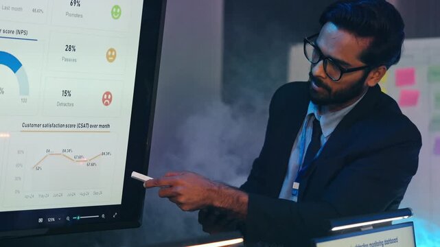 Indian business analyst is presenting customer satisfaction data and growth metrics on a digital screen in a modern office. Fnancial planning and business strategy at the meeting conference