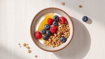 Granola yogurt bowl breakfast top view
