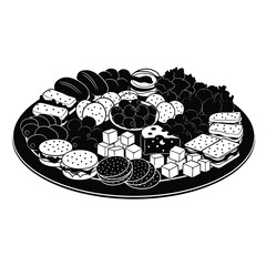 Elegant charcuterie board with assorted cheeses meats and fruits in detailed artistic drawing silhouette