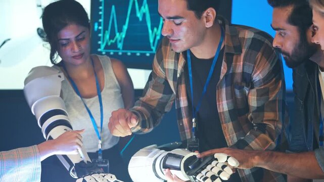 Diverse startup team of engineers and scientists is collaboratively analyzing a robot arm prototype in a modern lab. Innovation, advanced robotics, and the successful future of technology research.