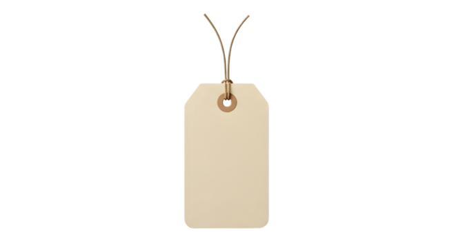 Blank beige paper tag with string, isolated on transparent background