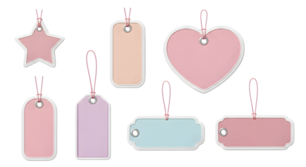 Collection of seven blank gift tags in various shapes including star and heart, isolated on transparent background